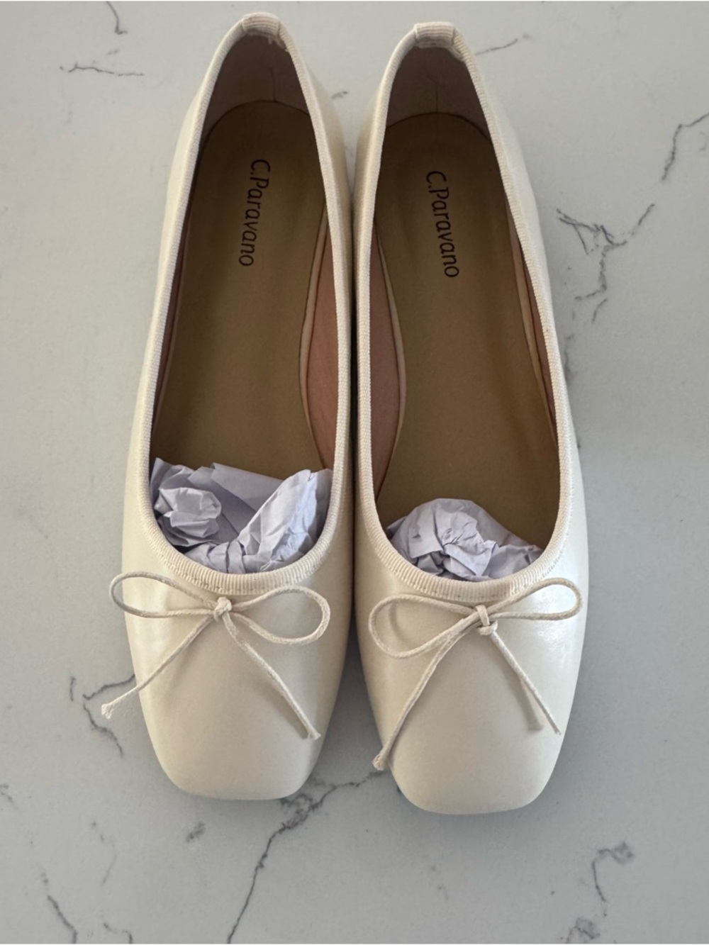 C.Paravano Ivory Leather Ballet Flats Bow Square Toe NIB EU 37.5 UK 4.5 US 7
